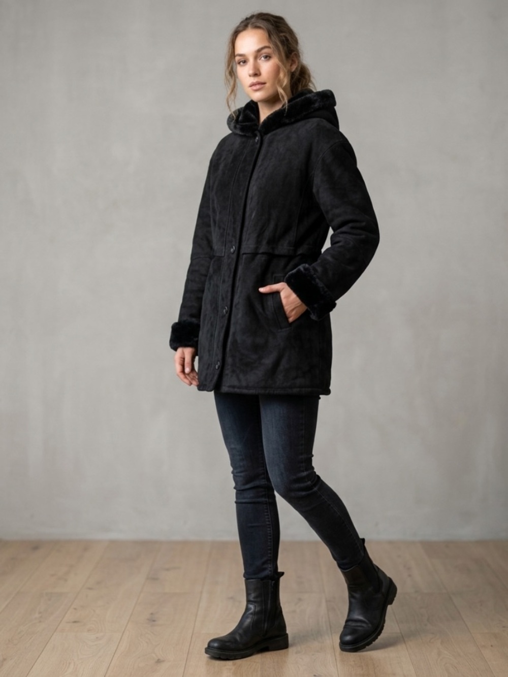 Marvin Richards Women Black Genuine Suede Leather Jacket Hooded‎ Faux Fur Coat L